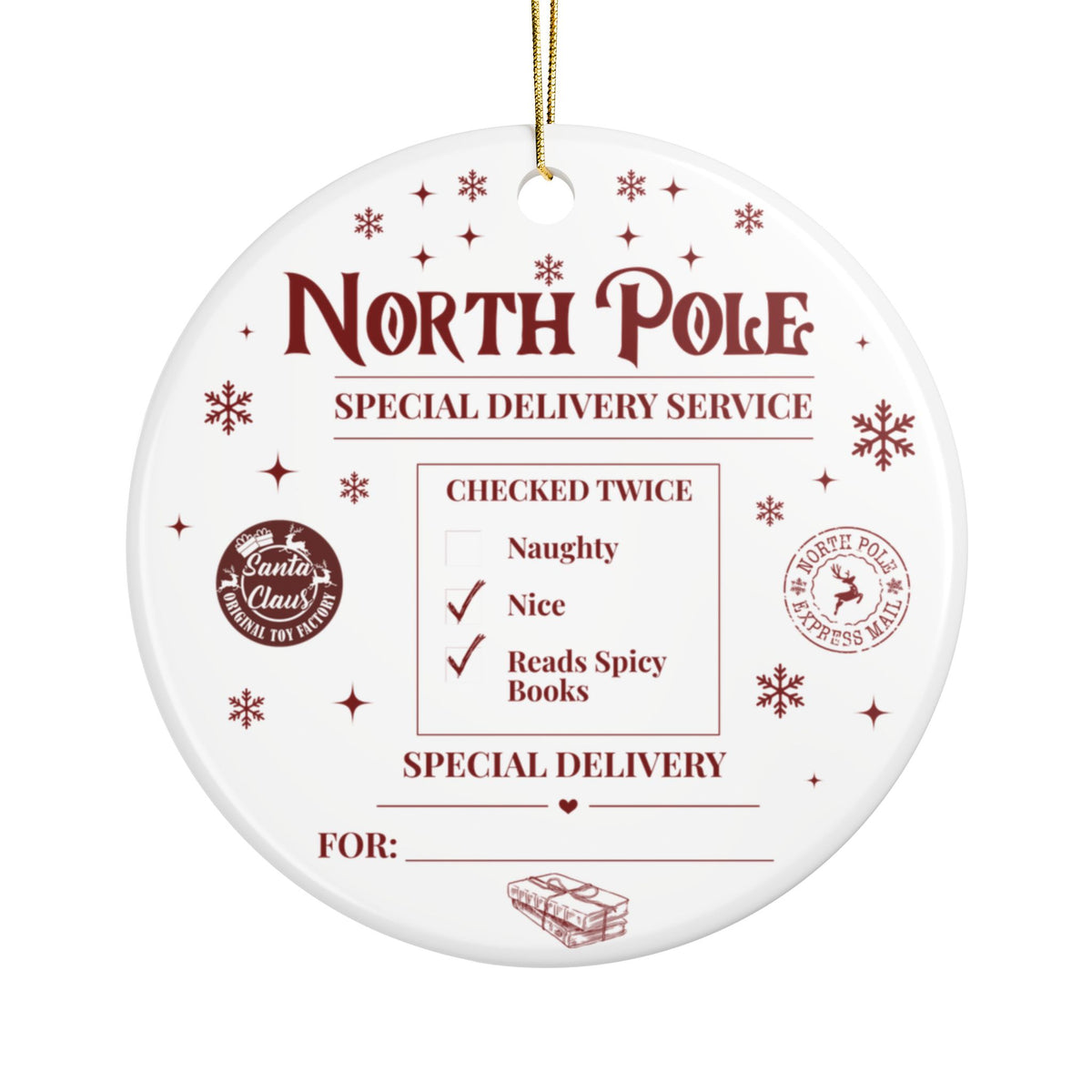 Spicy Book Lover Christmas Ornament – Double‑Sided Ceramic | North Pole Delivery Tag