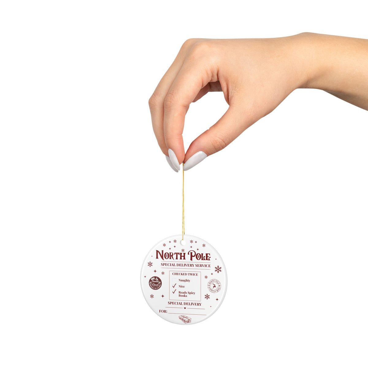 Spicy Book Lover Christmas Ornament – Double‑Sided Ceramic | North Pole Delivery Tag