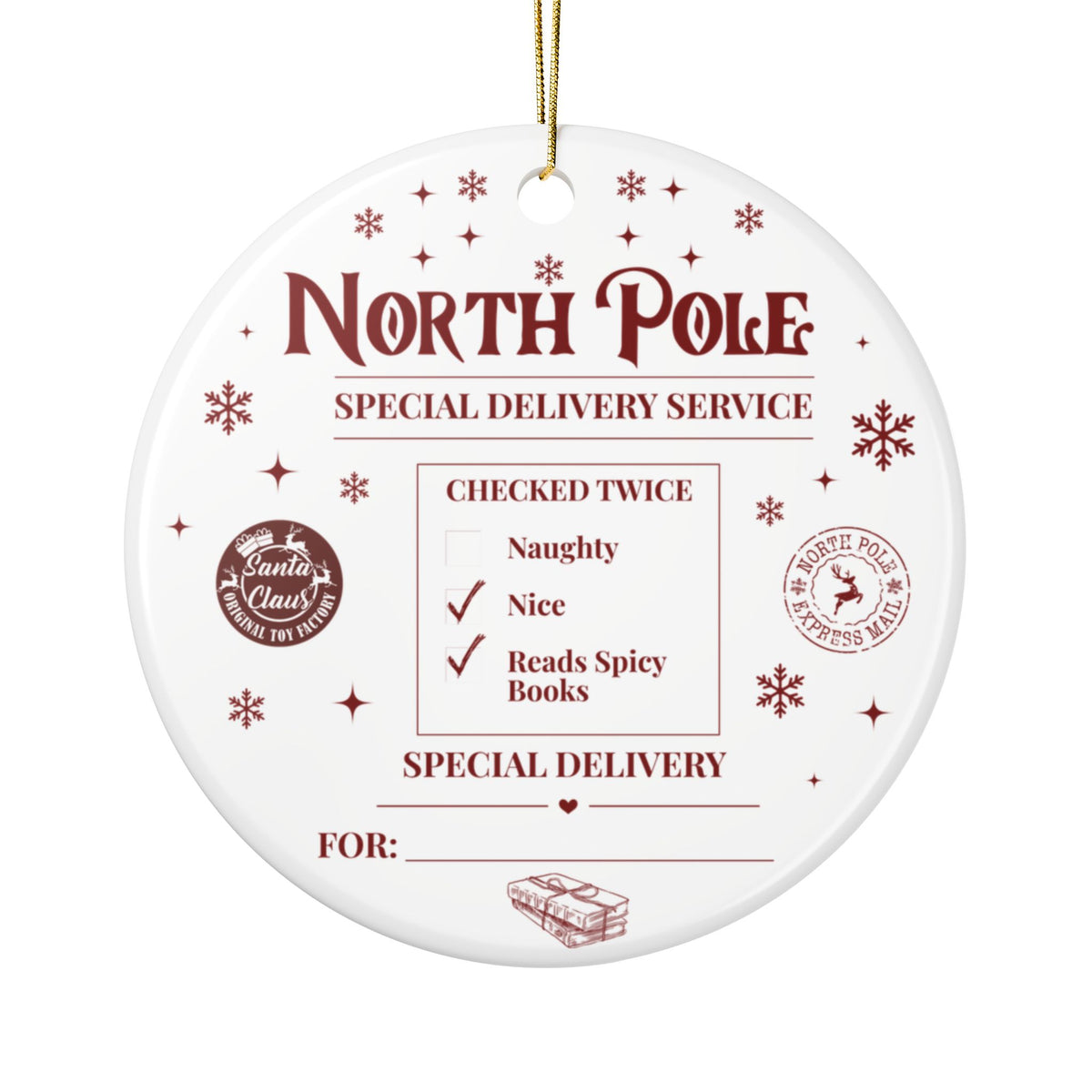 Spicy Book Lover Christmas Ornament – Double‑Sided Ceramic | North Pole Delivery Tag