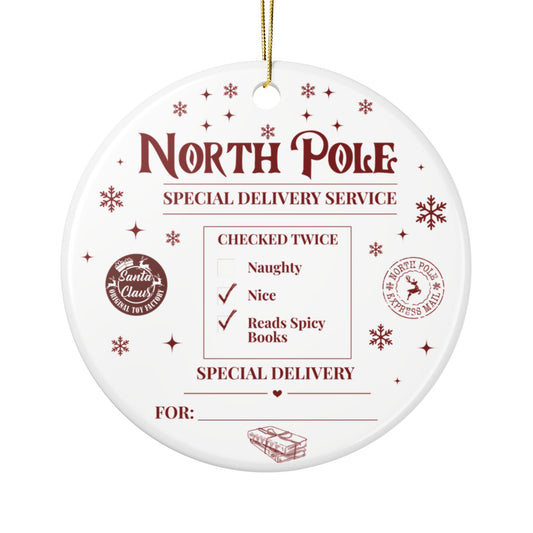 Spicy Book Lover Christmas Ornament – Double‑Sided Ceramic | North Pole Delivery Tag