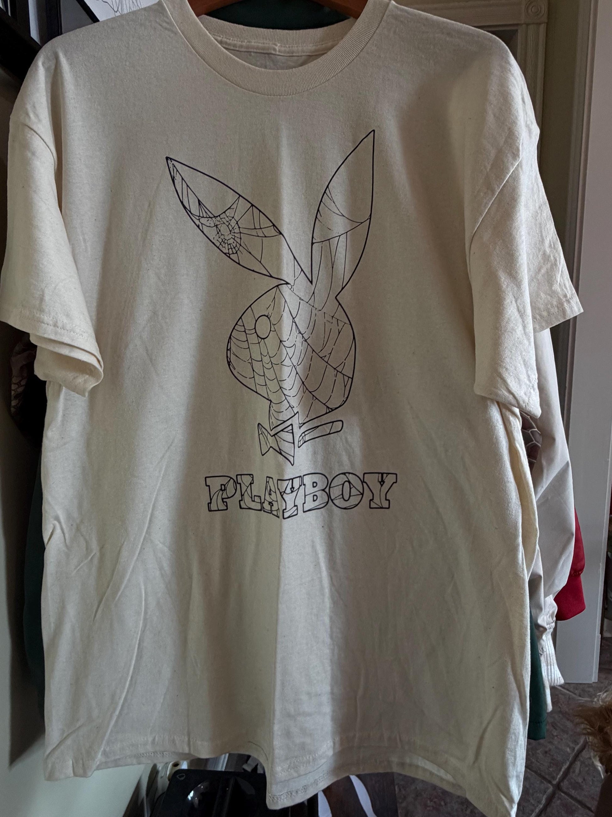 Playboy Spiderweb Bunny Graphic Tee XL Natural Cotton Streetwear Shirt