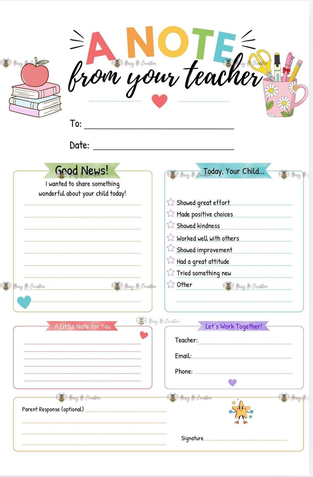 A Note From Your Teacher Notepad | Positive Parent Communication