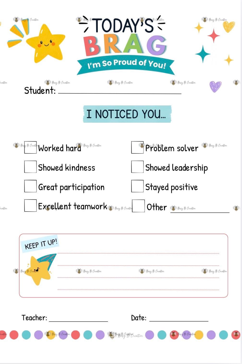 Today’s BRAG Notepad | Positive Student Recognition